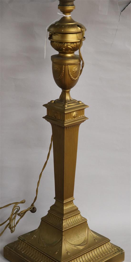 An Edwardian silver table lamp, (later modified for electricity, by Walker & Hall, Shefield, 1903, (later gilded), overall 54.8cm.